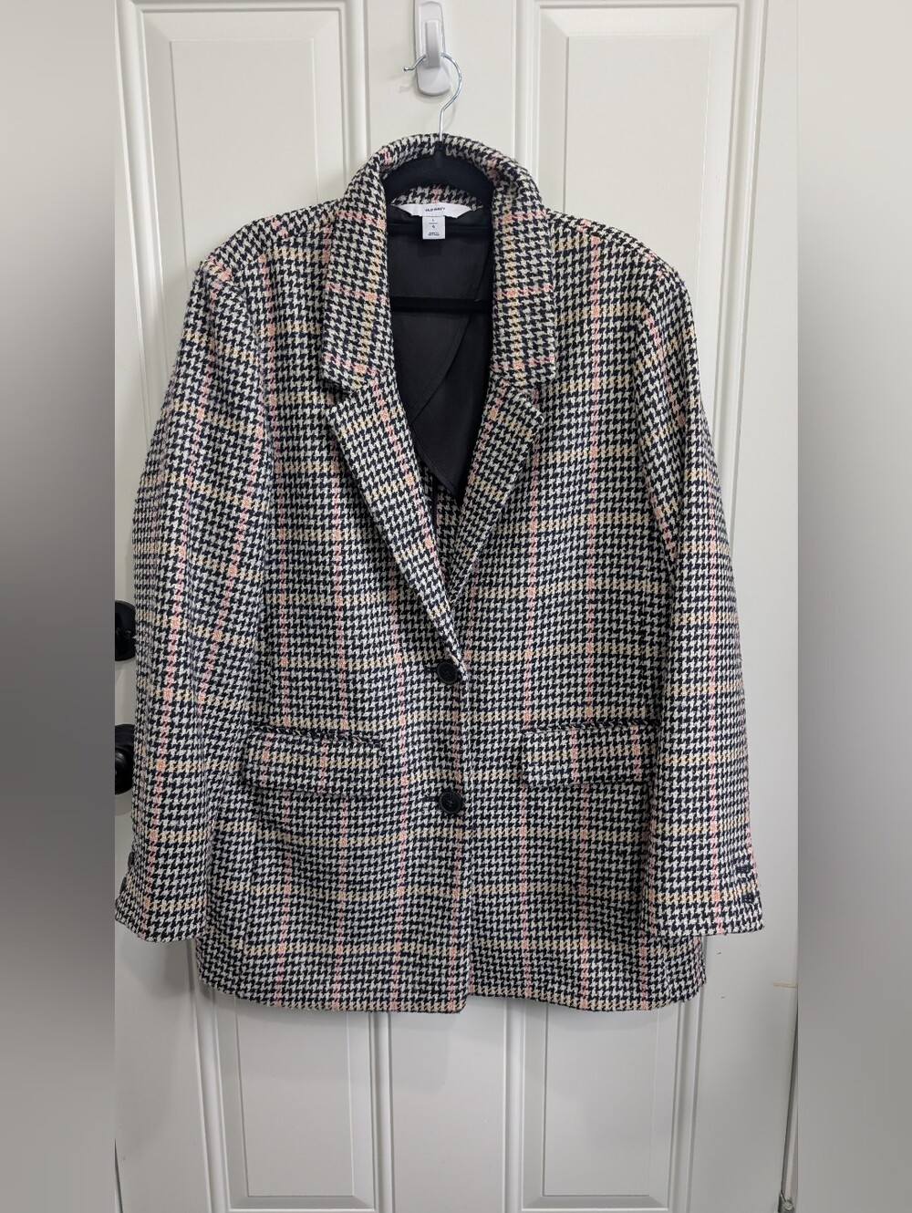 Old Navy Plaid Button-Front Blazer – Houndstooth with Pink/Cream Large